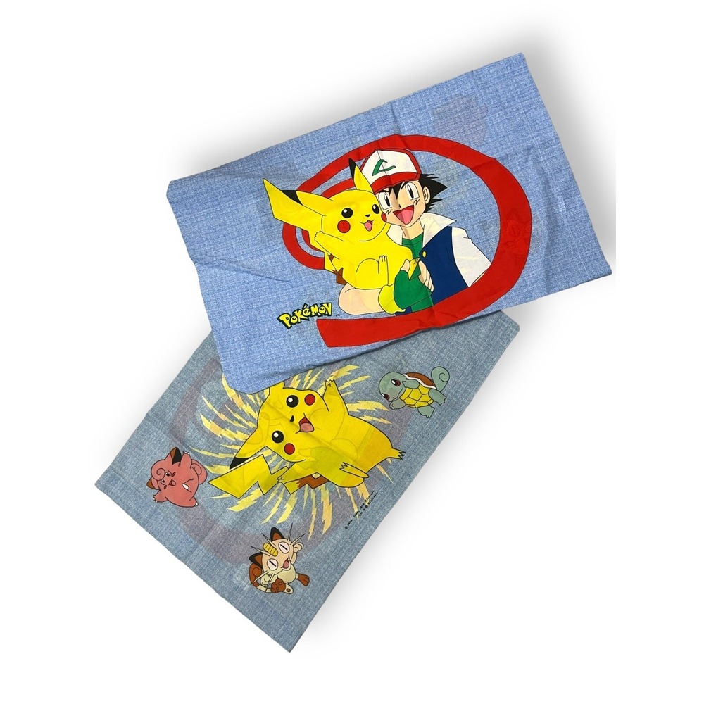 Pokemon Blue Pillow Cases 2 Vintage 1990s Nintendo Pikachu Ash Blue 2-Sided